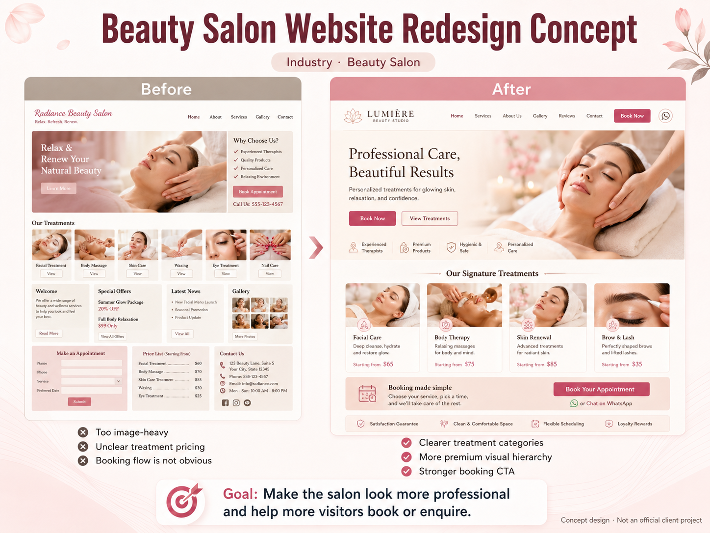 Beauty salon website redesign concept before and after