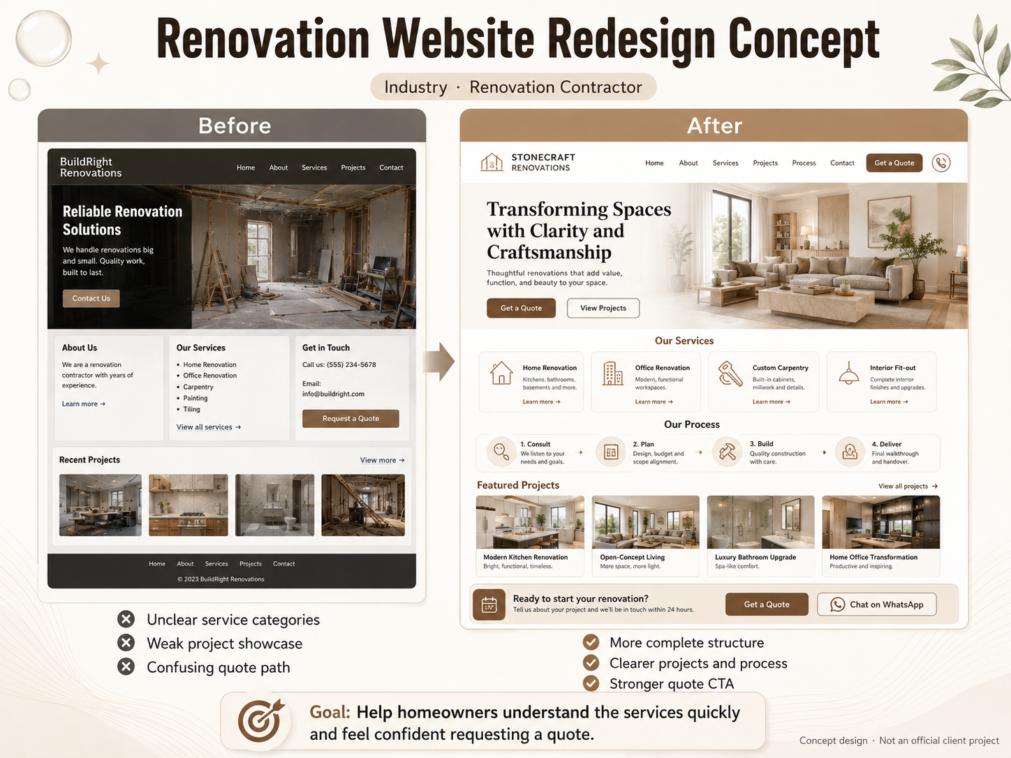 Renovation contractor website redesign concept before and after