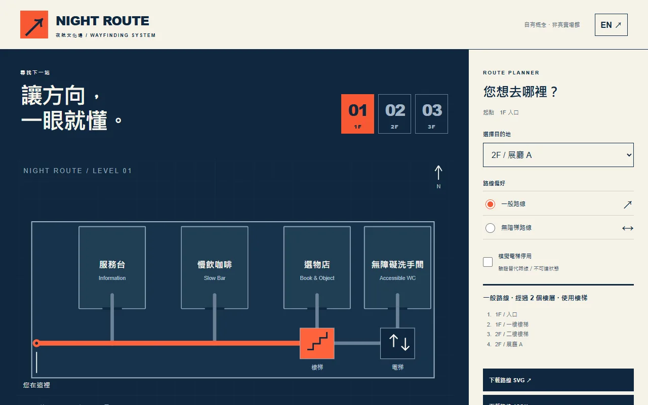 NIGHT ROUTE 原創雙語場館地圖、樓層切換與高亮路線